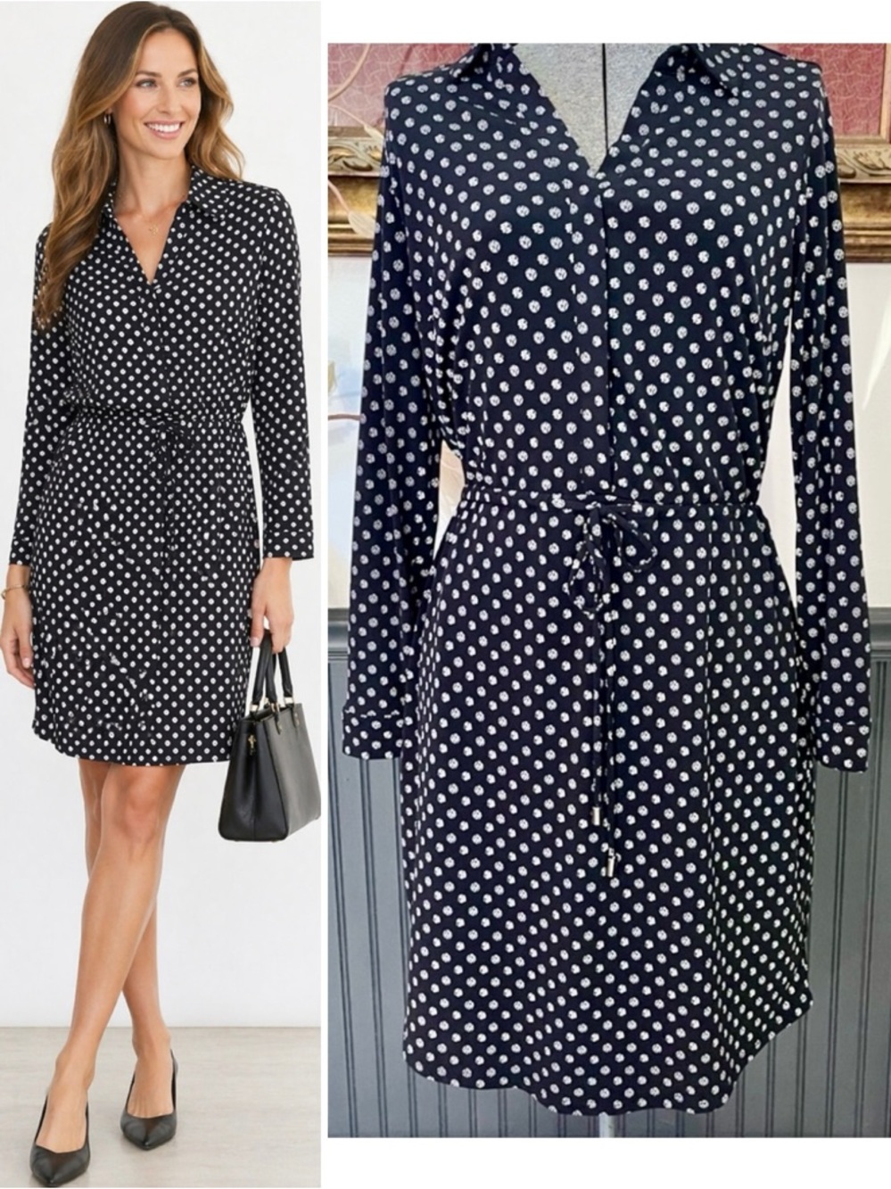 Nicole Miller Polka Dot Drawstring Waist Shirt Dress Long Sleeve Size 4💚🍄